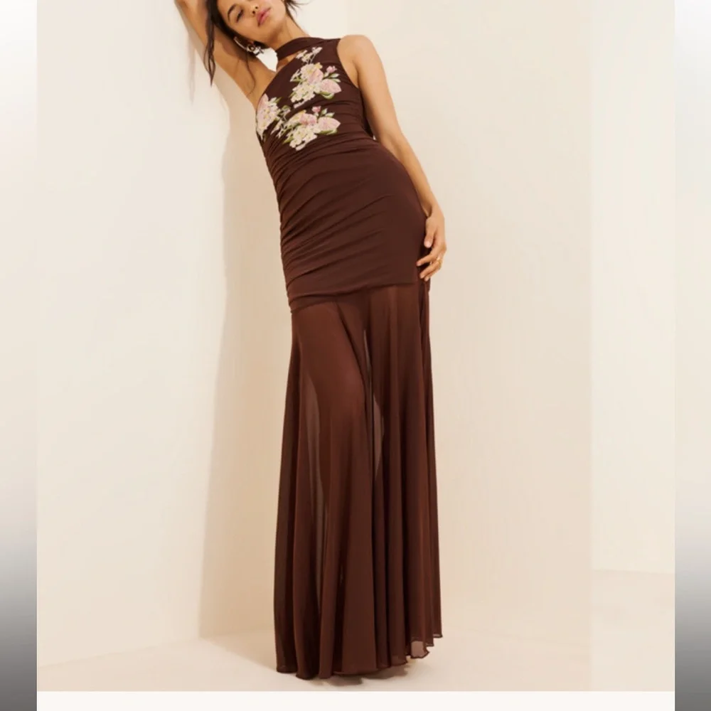Anthropologie SAEMDI chocolate brown embroidered floral w neck scarf maxi large - Picture 10 of 16